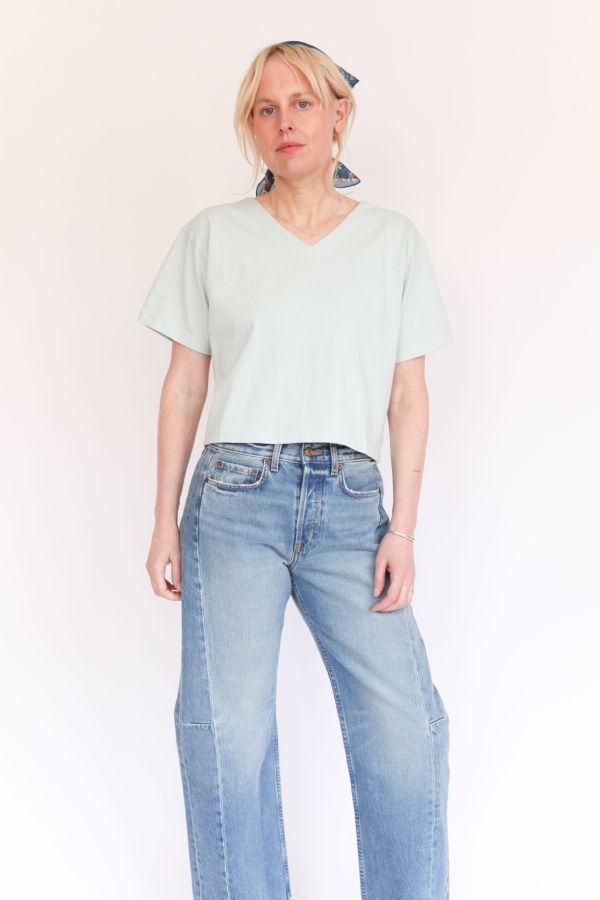 Pacific Cotton Short Sleeve Crop V-Neck Tee - Mist