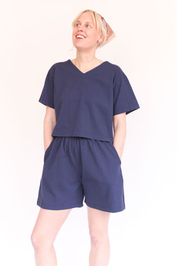 Pacific Cotton Short Sleeve Crop V-Neck Top - Stargaze