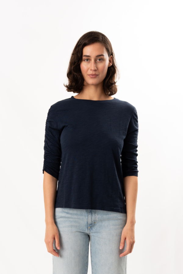ELLIOTT LAUREN 3/4 Ruched Sleeve Tee - Navy