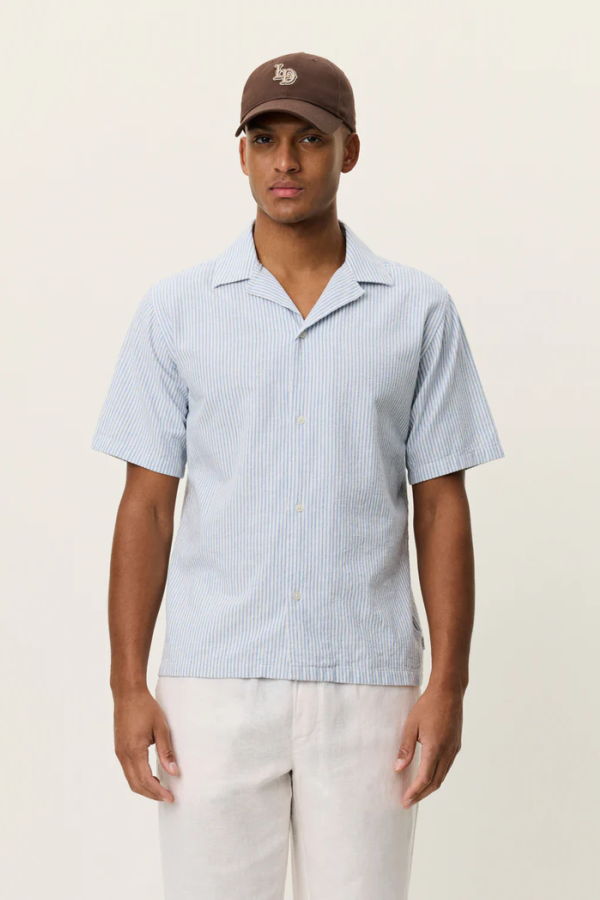 LES DEUX Lukas Stripe Cotton Linen Short Sleeve Shirt