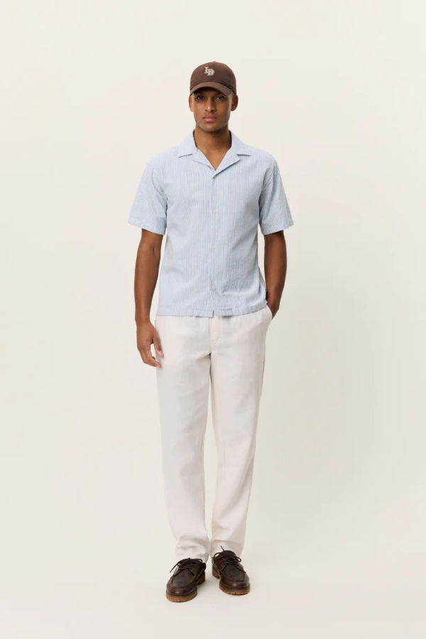 LES DEUX Lukas Stripe Cotton Linen Short Sleeve Shirt