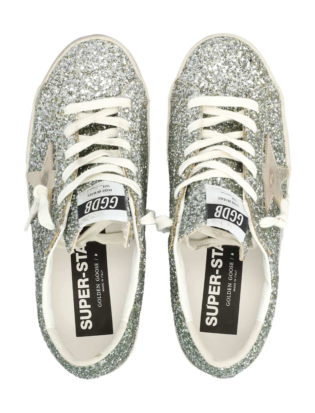 Golden Goose Glitter Super-Star Sneakers - Platinum/Green - Image 2 of 4