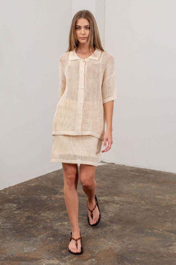 Moon River Crochet Knit Short Sleeve Cardigan - Cream