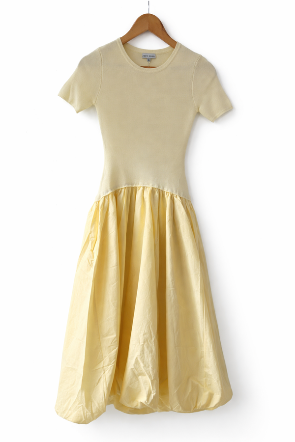 Moon River Short Sleeve Crewneck Bubble Midi Dress - Butter Yellow