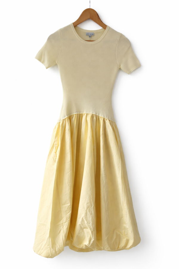 Moon River Short Sleeve Crewneck Bubble Midi Dress - Butter Yellow