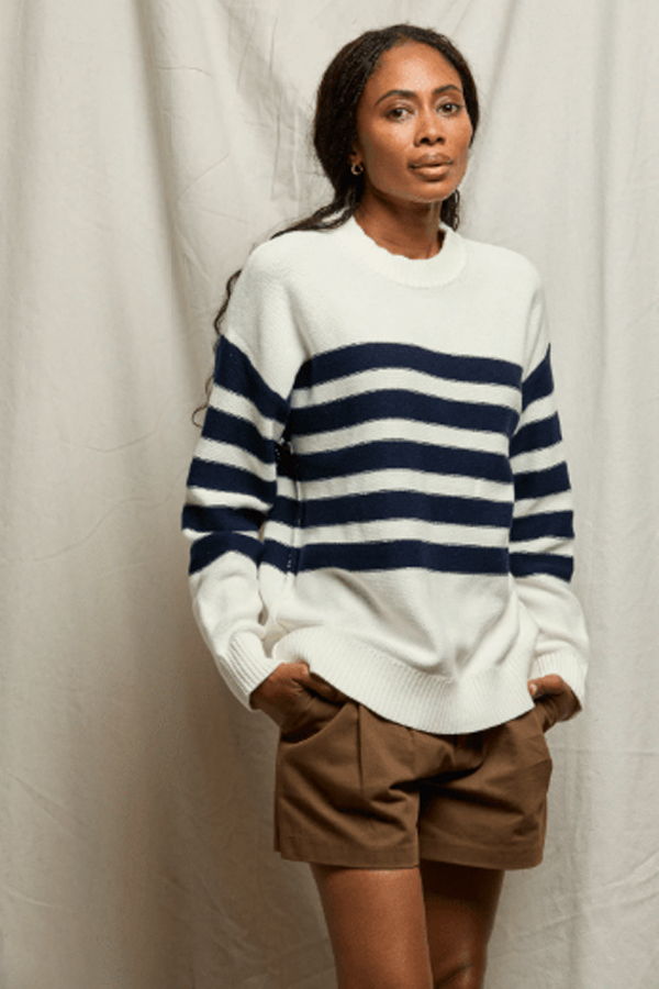 PERFECTWHITETEE Ginger Cotton Crew Striped Slouchy Sweater - Navy/Sugar Stripe