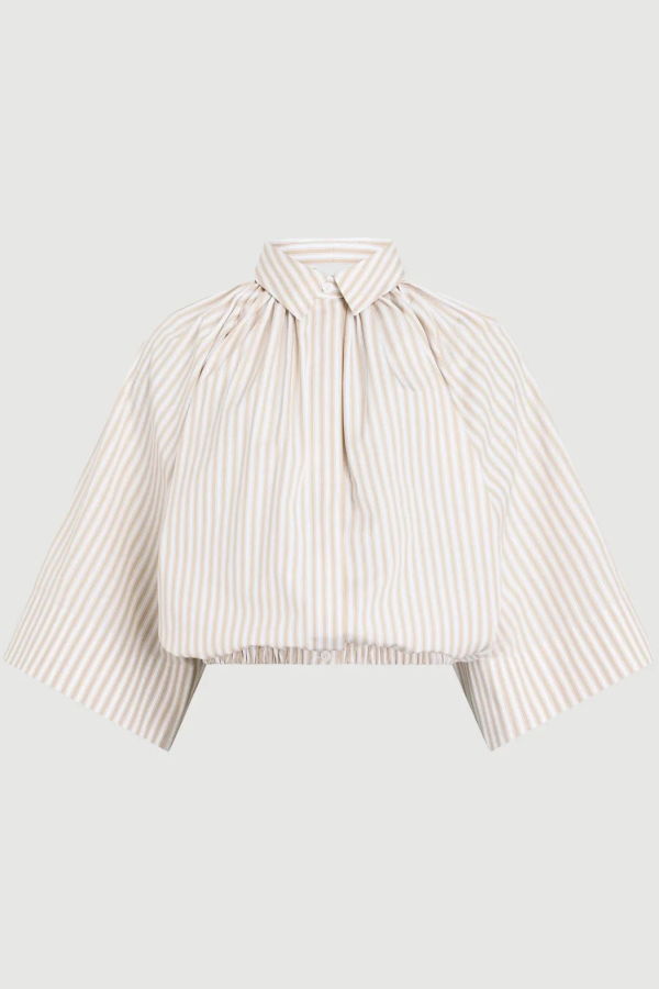 Patou Organic Cotton Voluminous Short-Sleeved Striped Blouse - Beige