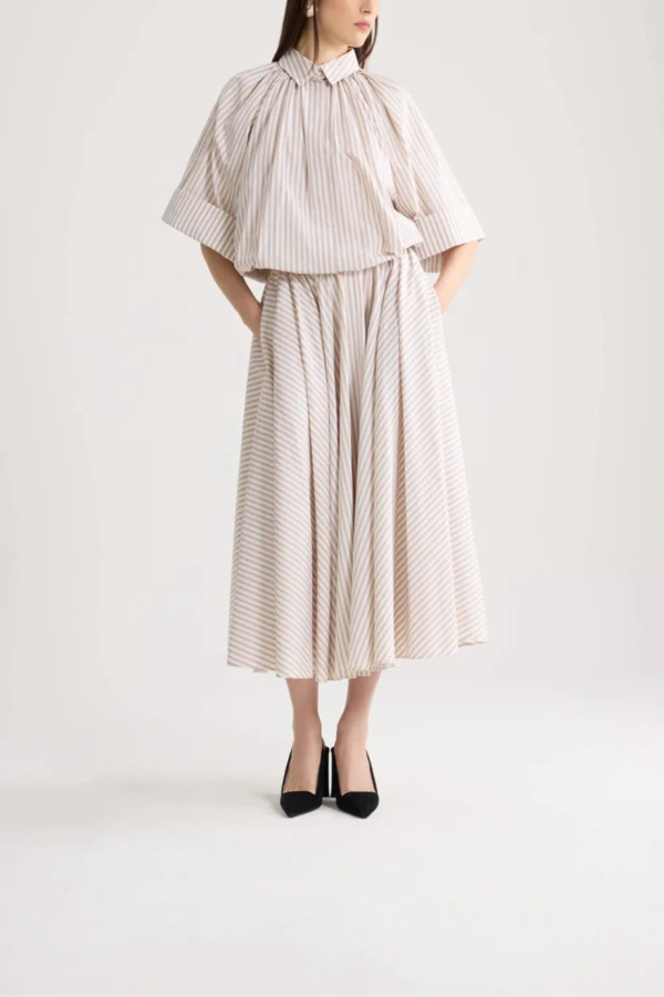 Patou Organic Cotton Voluminous Short-Sleeved Striped Blouse - Beige