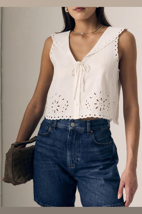 Le Jean Embroidered Eyelet Sailor Top