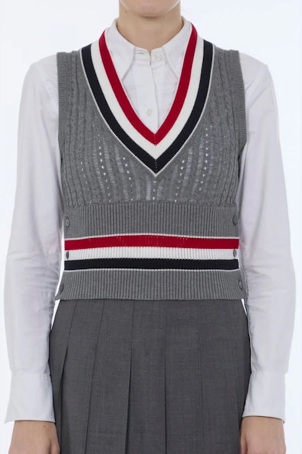 Thom Browne Baby Ladder Cable V-Neck Vest - Gray