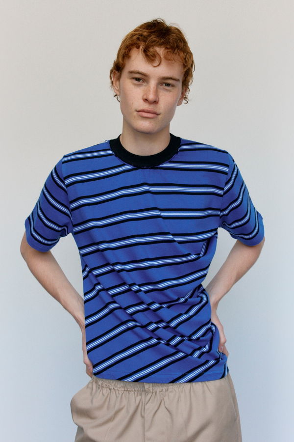Camiel Fortgens Blue Black & White Stripe Cotton Twisted Normal Tee