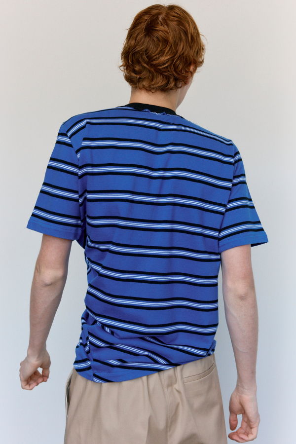 Camiel Fortgens Blue Black & White Stripe Cotton Twisted Normal Tee