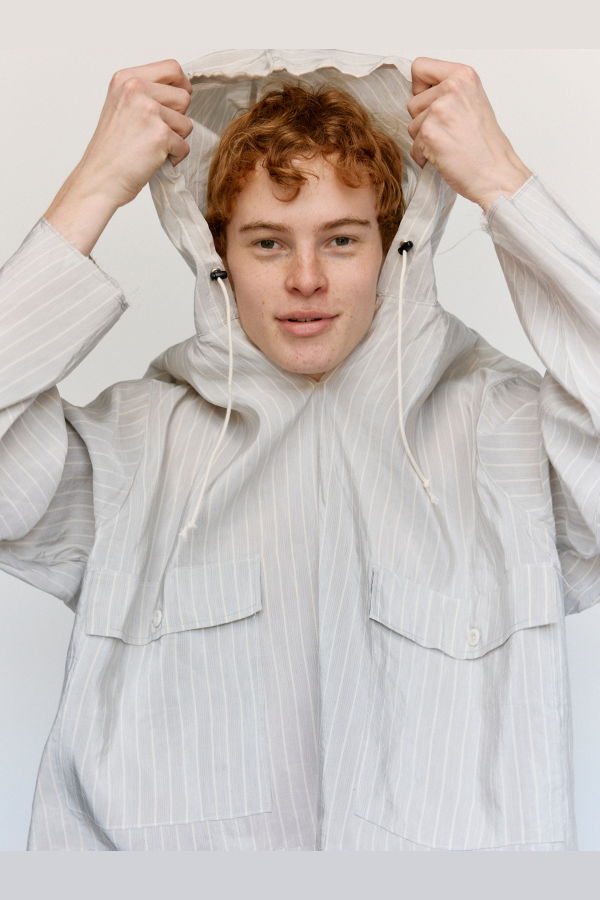 Camiel Fortgens Grey & White Stripe Linen Overhead Jacket