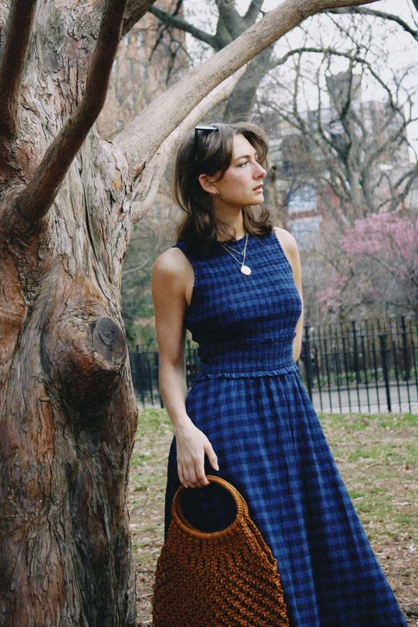 FRNCH Alma Gingham Midi Dress - Bleu Marine | Garmentory FRNCH Alma Gingham Midi Dress - Bleu Marine | Garmentory
