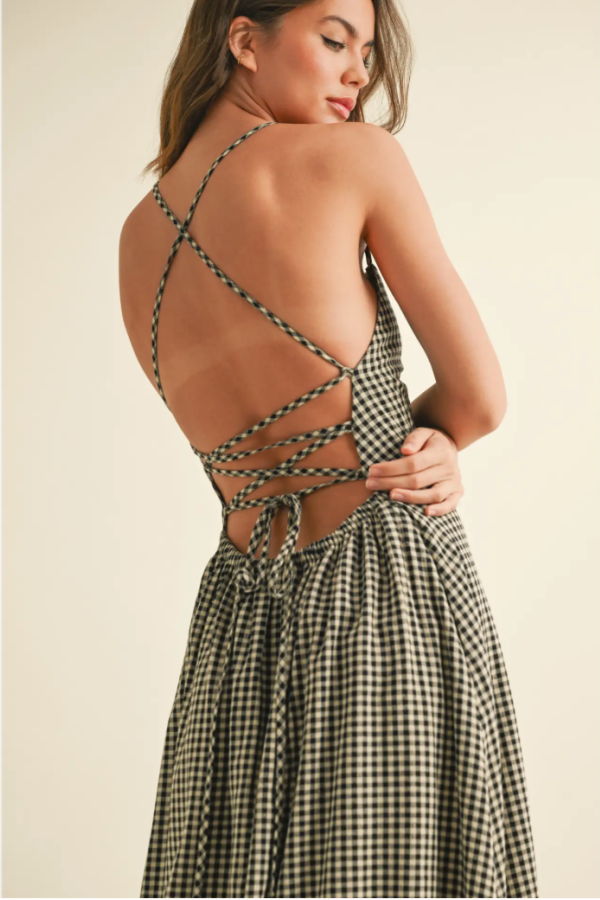 WAVEKELLY Gingham Tie Back Midi Dress - Black And White Gingham