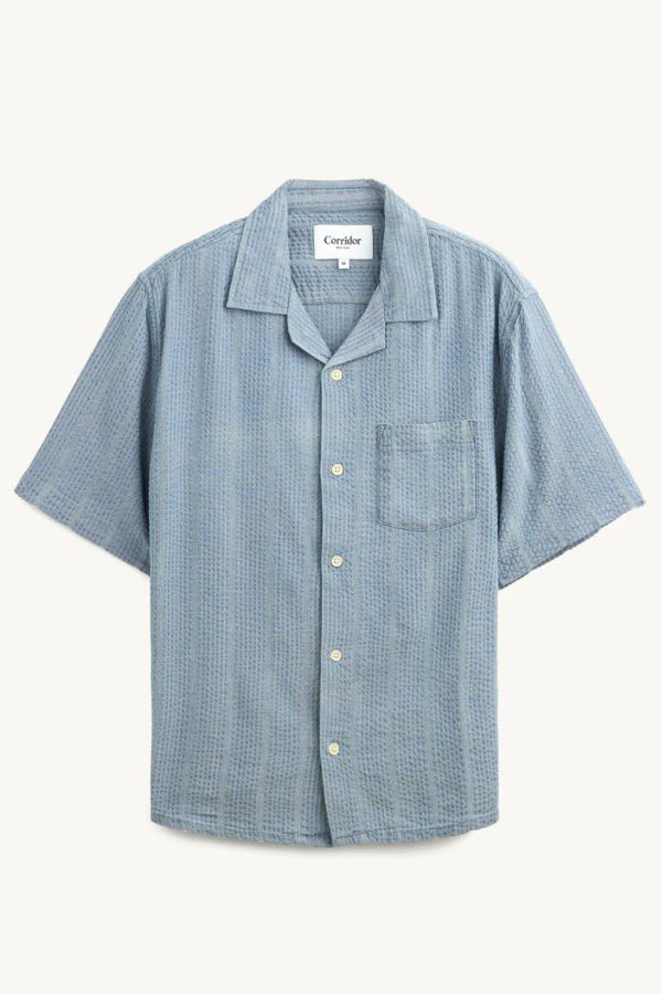 Corridor Light Blue Striped Seersucker Short Sleeve Button Up Shirt