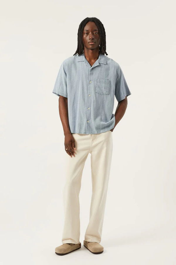 Corridor Light Blue Striped Seersucker Short Sleeve Button Up Shirt