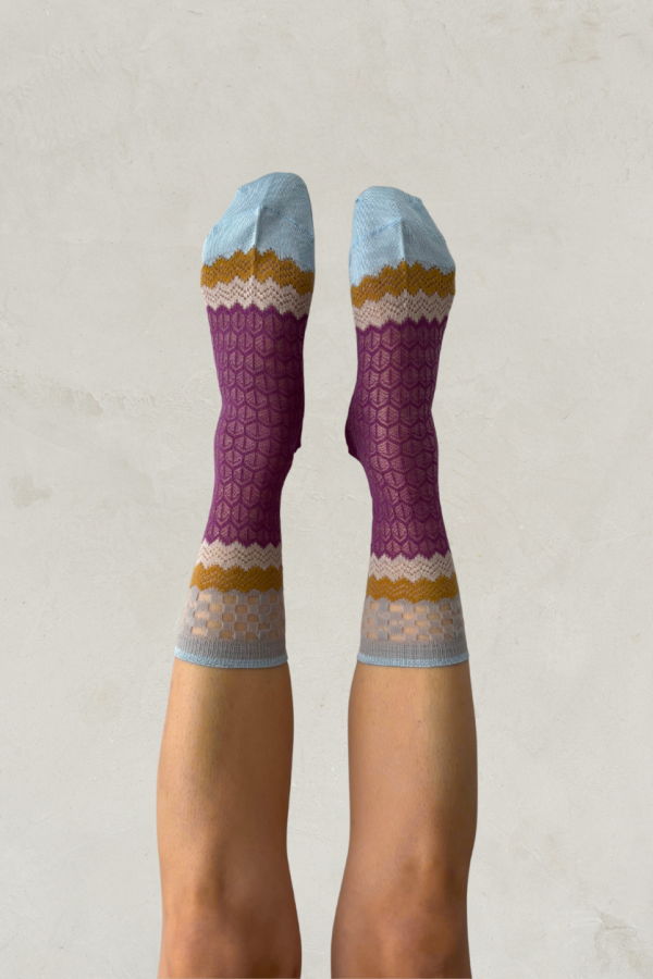 Exquisite J Holey Zig Zag Socks - Violet & Sky