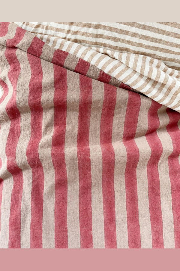 PO-EM Block Printed Stripe Coverlet - Strawberry Field
