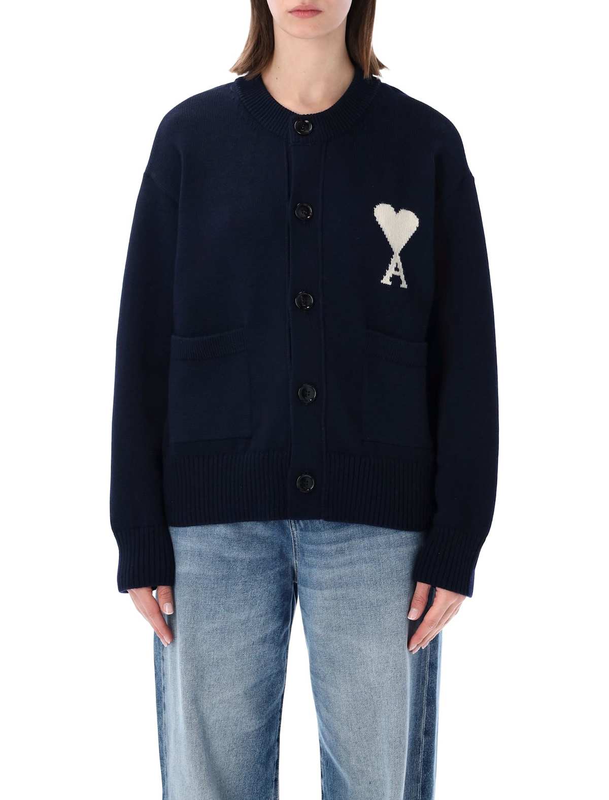 Ami Alexandre Mattiussi Ami Paris Ami De Coeur Knit Cardigan - Navy - Image 1 of 3