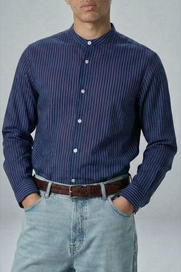 Graphia New York Liam Band Collar Long Sleeve Shirt - Blue/White Stripe