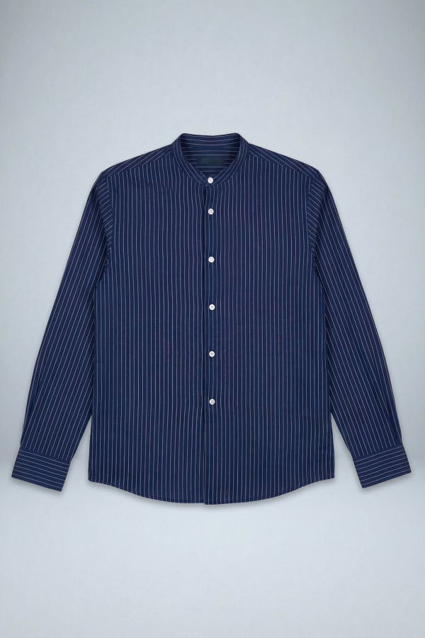 Graphia New York Liam Band Collar Long Sleeve Shirt - Blue/White Stripe