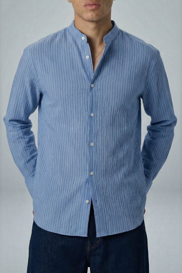 Graphia New York Liam Band Collar Long Sleeve Shirt - Light Blue/Blue Stripe