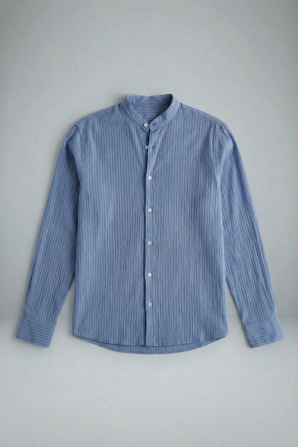 Graphia New York Liam Band Collar Long Sleeve Shirt - Light Blue/Blue Stripe