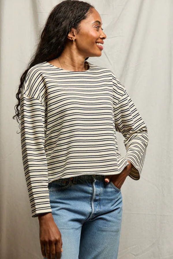 Perfect White Tee Briana French Terry Stripe Long Sleeve Top - Navy Stripe