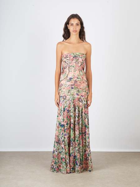 fitted lace wedding dress Saloni | Fabienne Long Dress in Light Gold main image 0
