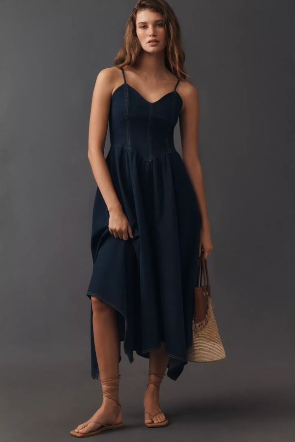 Moon River Adjustable Spaghetti Strap Denim Midi Dress - Indigo