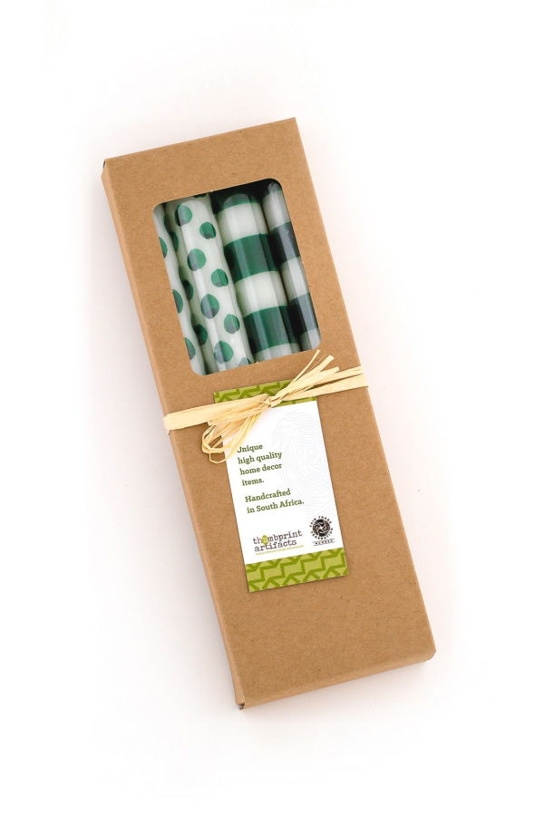 Thumbprint Artifacts Green Dots & Stripes Taper Candles - Gift Box of 4