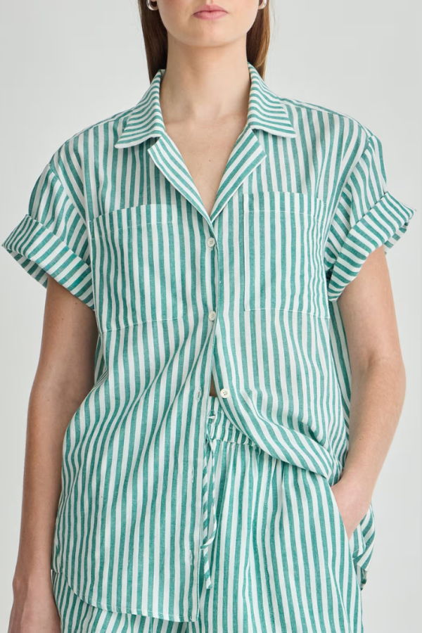 Apiece Apart Valenti Button-Up Blouse - Green Stripe