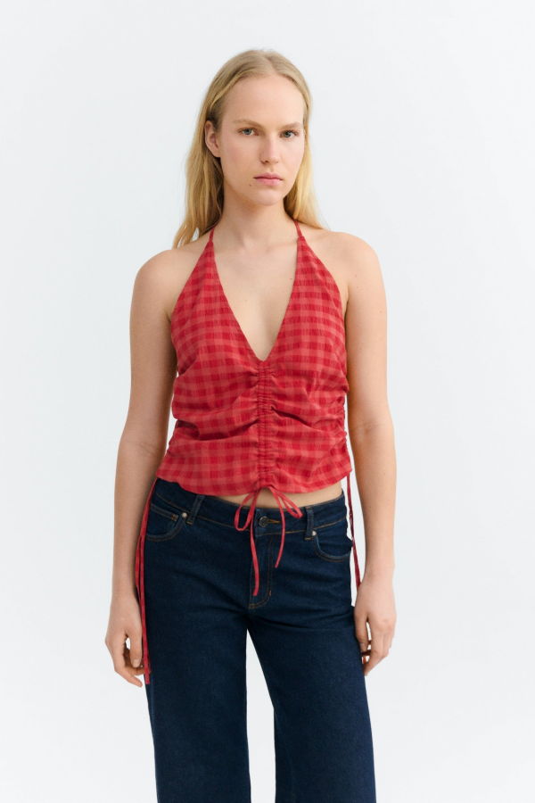 Thinking MU Red Checks Seersucker Hiba Top