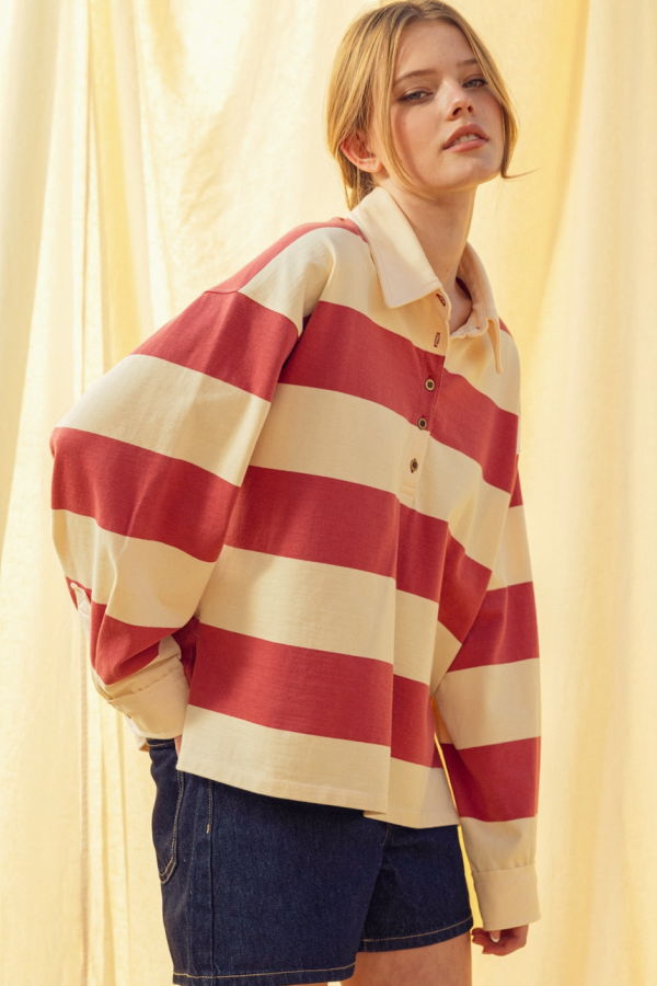 WAVEKELLY Long Sleeve Collar Rugby Shirt