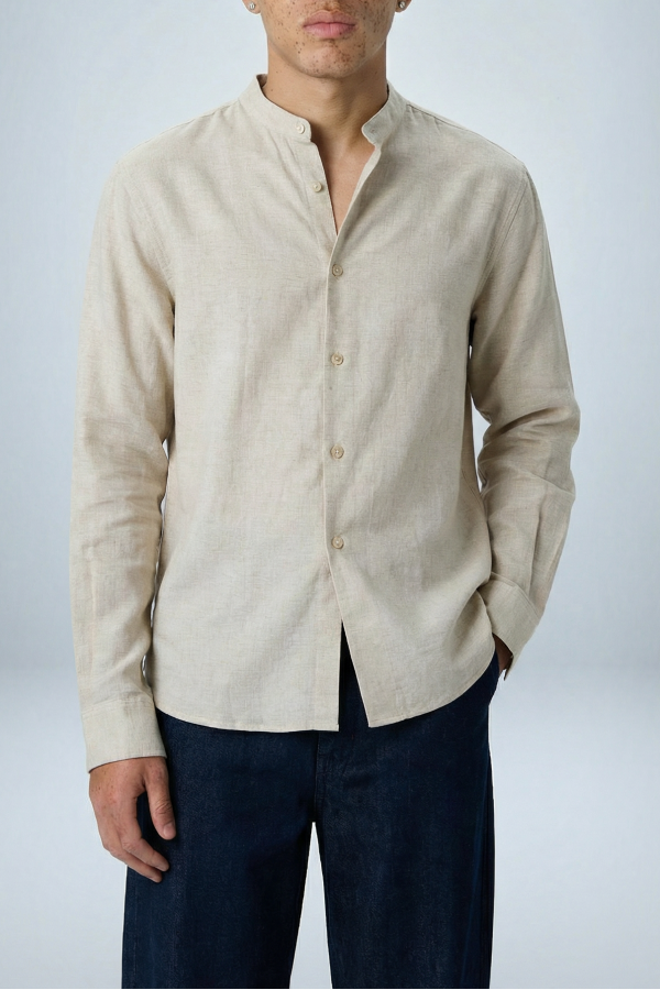 'Liam' Band Collar Vintage Cream Long Sleeve Shirt