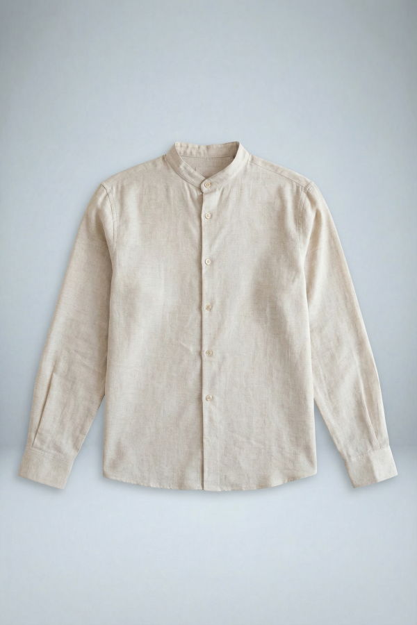 'Liam' Band Collar Vintage Cream Long Sleeve Shirt