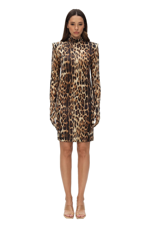 MONOSUIT Leo Long Sleeve Turtleneck Bodycon Shoulder Pad Party Futuristic Mini Dress with Gloves - Leo