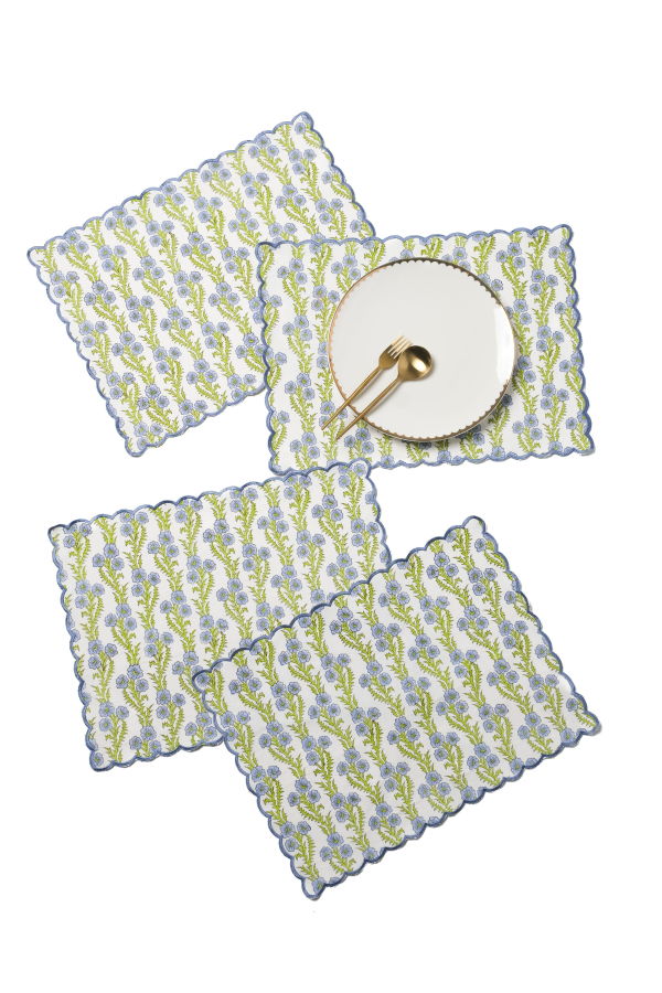 Inner Child Forget-Me-Not Scallop Embroidered Blockprint Placemat