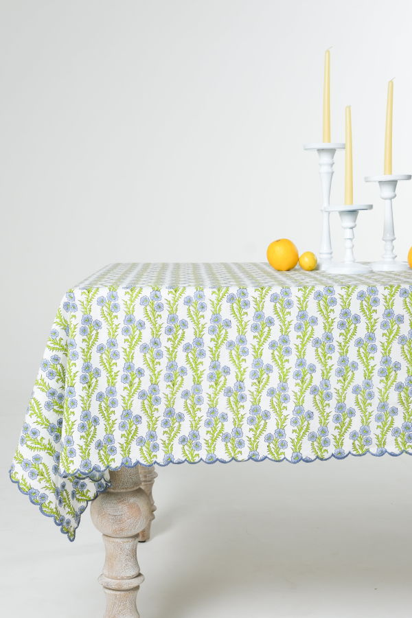 Inner Child Forget-Me-Not Scallop Embroidered Blockprint Tablecloth