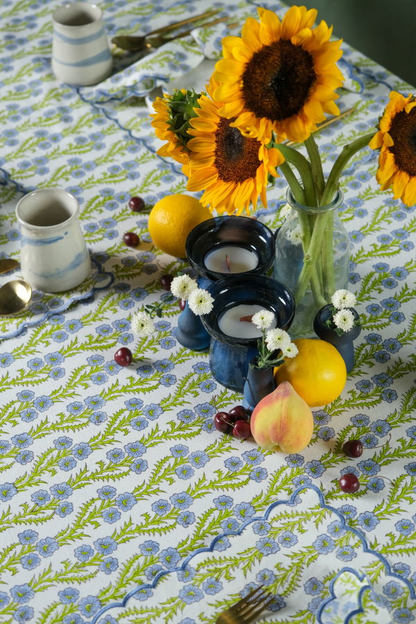 Inner Child Forget-Me-Not Scallop Embroidered Blockprint Tablecloth