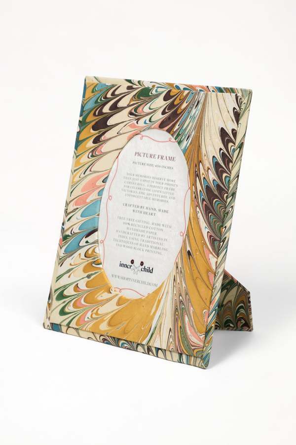 Inner Child Hand-Marbled Flatiron Feathers Picture Frame with Oval Opening, 4x6