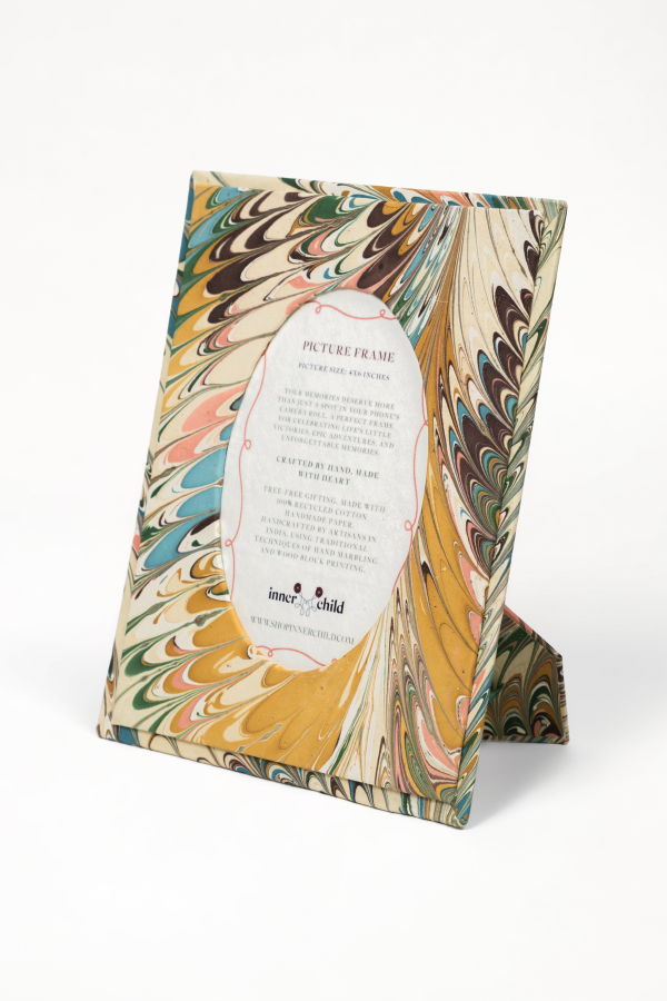 Inner Child Hand-Marbled Flatiron Feathers Picture Frame with Oval Opening, 4x6