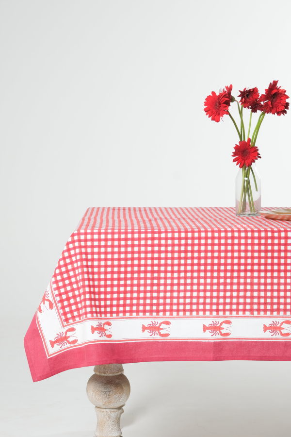 Inner Child Lobster Red Gingham Blockprint Tablecloth