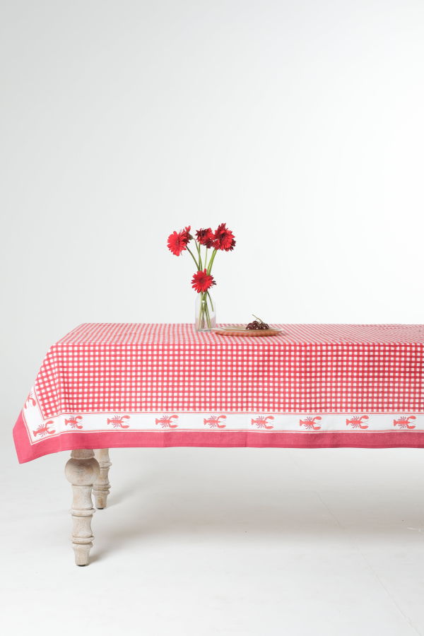 Inner Child Lobster Red Gingham Blockprint Tablecloth