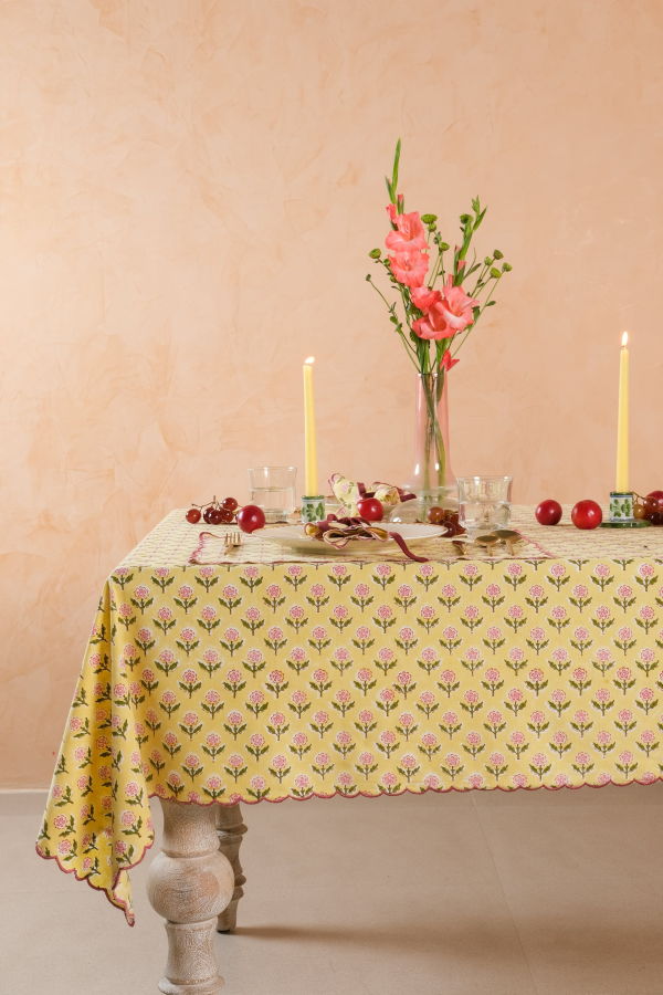 Inner Child Mona Scallop Embroidered Blockprint Tablecloth