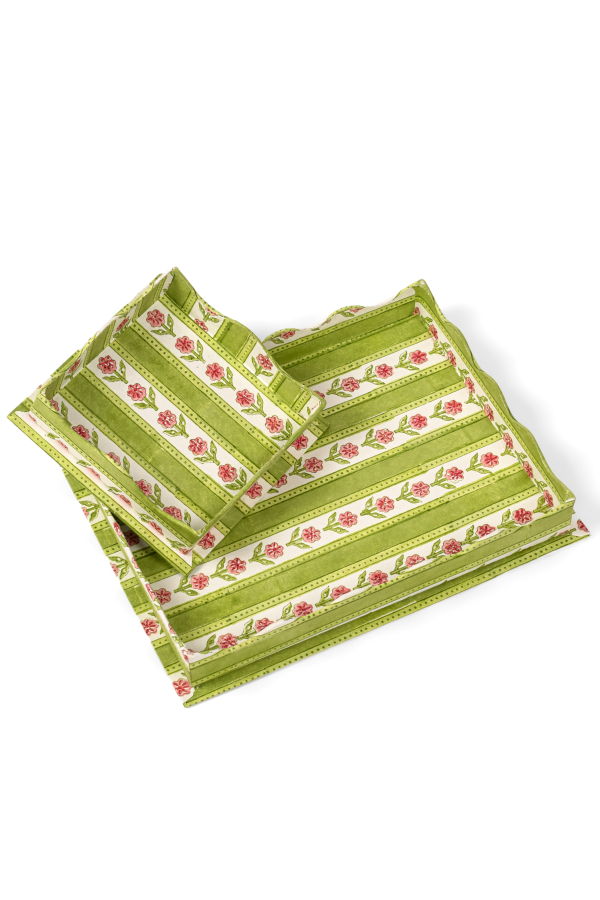 Inner Child Nesting Scalloped Cottage Garden Blockprint Trays - Green