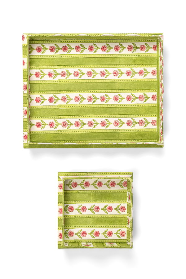 Inner Child Nesting Scalloped Cottage Garden Blockprint Trays - Green
