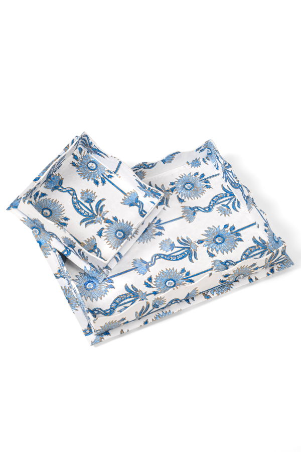 Inner Child Nesting Scalloped Floral Vines Blockprint Trays - Blue