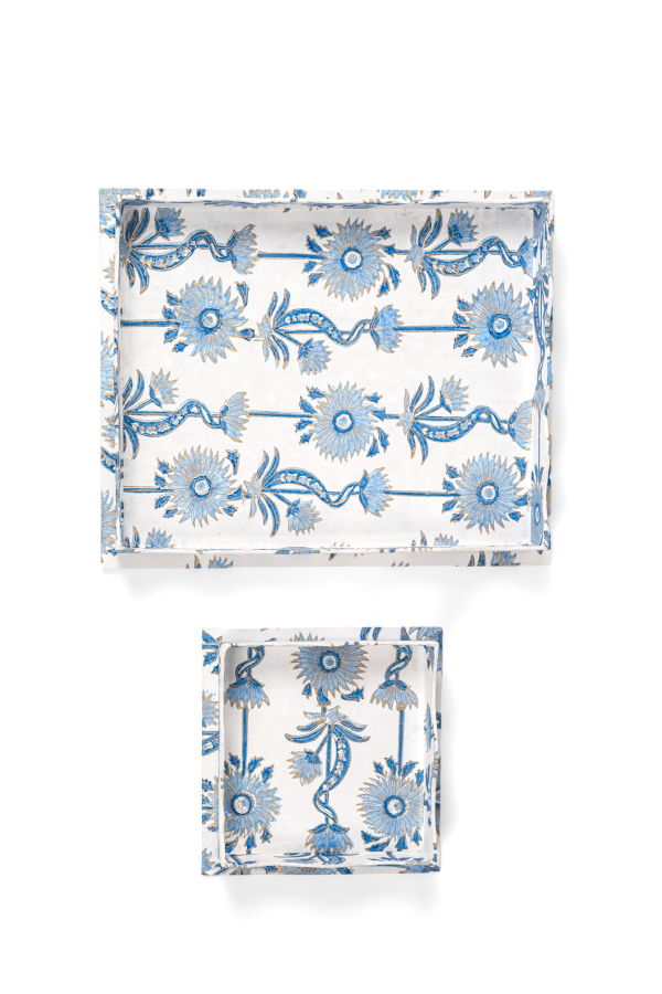 Inner Child Nesting Scalloped Floral Vines Blockprint Trays - Blue